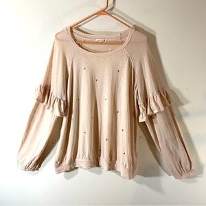 Sundry Pink Heart Print Ruffle Long Sleeve Tee